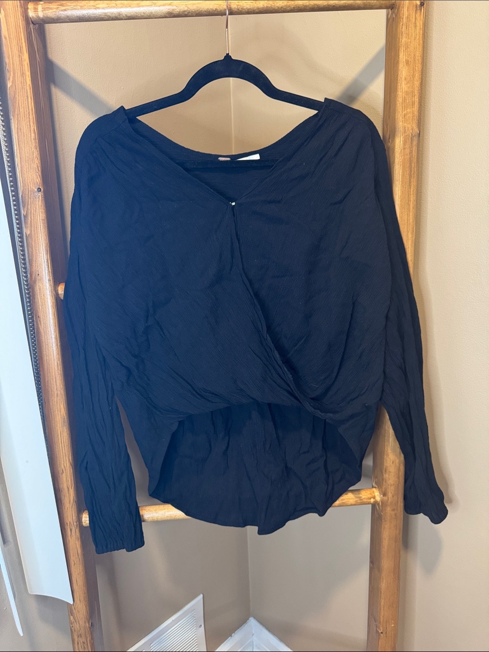 Free People Black Draped Crossover Long-Sleeve Blouse